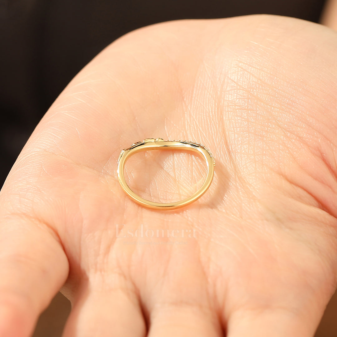 Half Eternity Lab Grown Diamond Band Curved Leaf Engraved Wedding Band