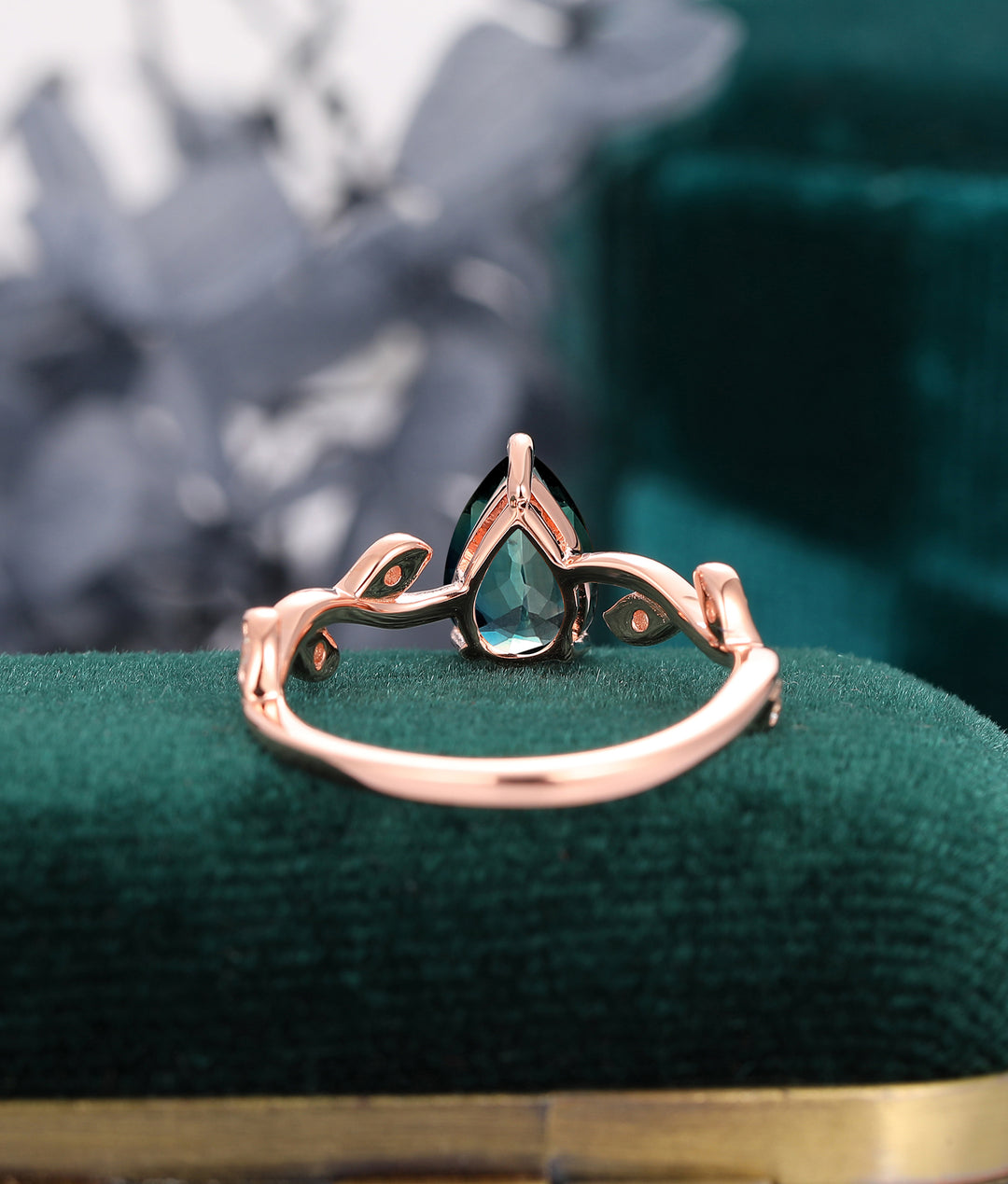 Vintage Teal Sapphire Engagement Ring, Blue Green Sapphire Ring, Prong Set Wedding Rose Gold Ring