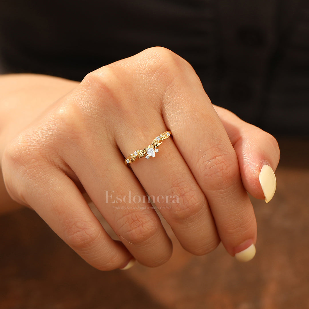 Foliage Etched Lab Grown Diamond Accents Wedding Band 14K Gold Curved Band For Her