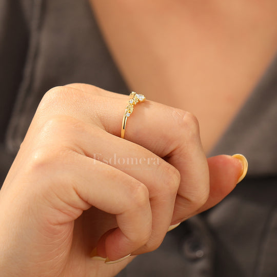 Foliage Etched Lab Grown Diamond Accents Wedding Band 14K Gold Curved Band For Her