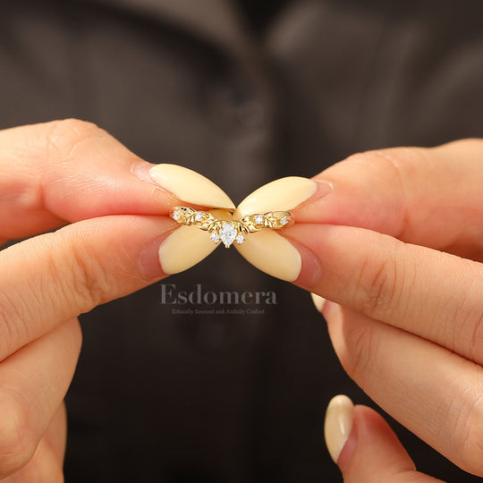 Foliage Etched Lab Grown Diamond Accents Wedding Band 14K Gold Curved Band For Her