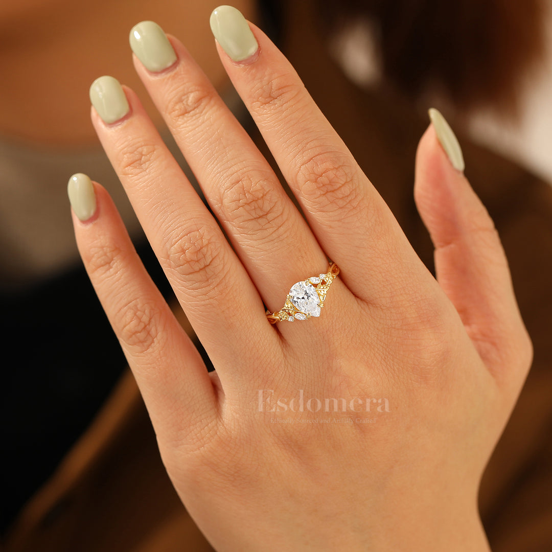 Vintage Inspired Pear Cut Moissanite Engagement Ring Leaf Engraved Prong Setting Women Ring