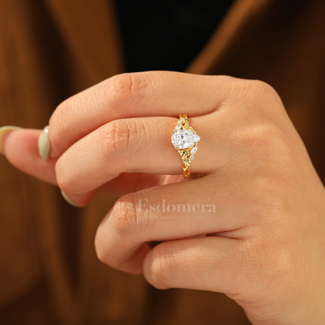 Vintage Inspired Pear Cut Moissanite Engagement Ring Leaf Engraved Prong Setting Women Ring