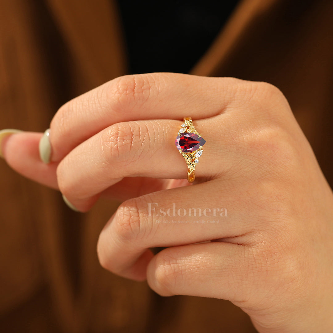 Leaf Sprig Pear Cut Red Garnet Bridal Ring Vintage S925 Engagement Ring Solid Gold Women Ring