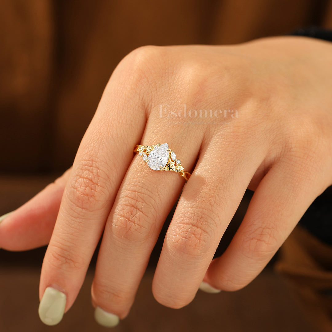 Vintage Inspired Pear Cut Moissanite Engagement Ring Leaf Engraved Prong Setting Women Ring