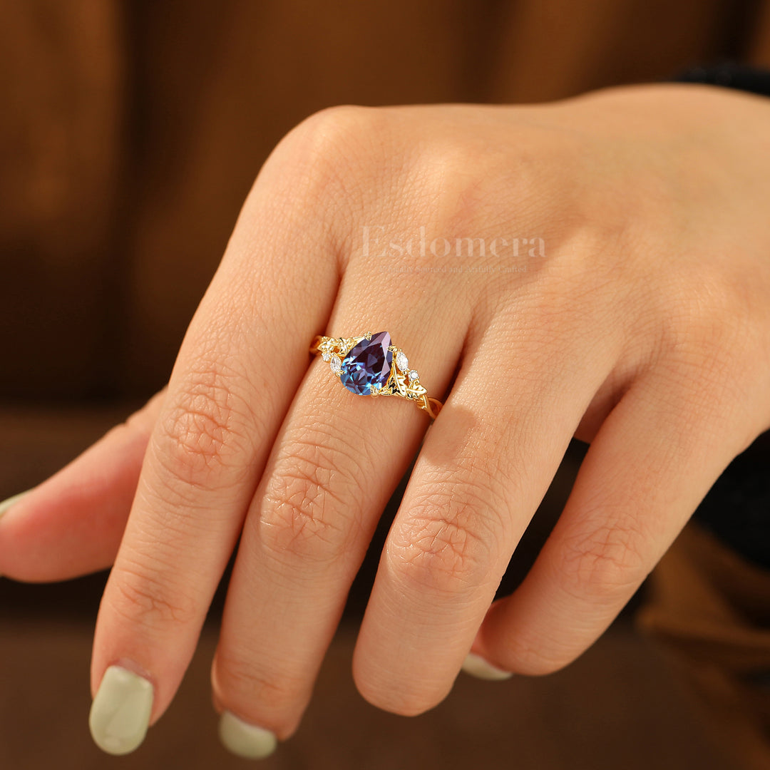 German
Alexandrit-Blatt-Blumen-Verlobungsring Vintage 1.5CT Birnenschliff Braut- und Jubiläumsring