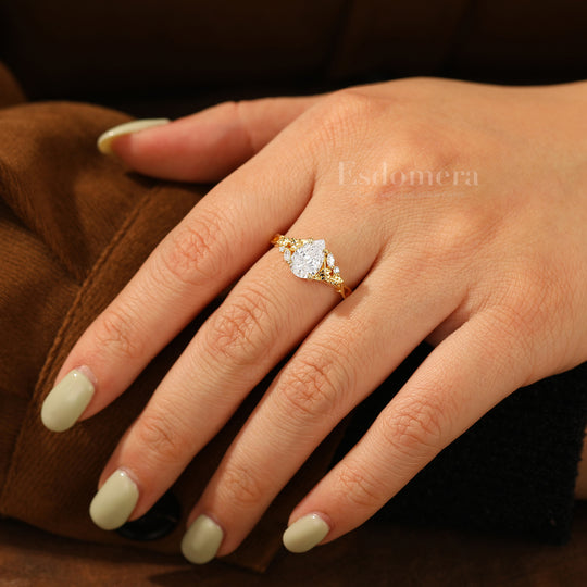 Vintage Inspired Pear Cut Moissanite Engagement Ring Leaf Engraved Prong Setting Women Ring