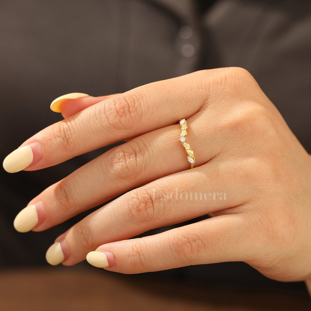 Sandblasted Leaf Moissanite Accent Wedding Band for Women Handcrafted Moissanite Curved Band