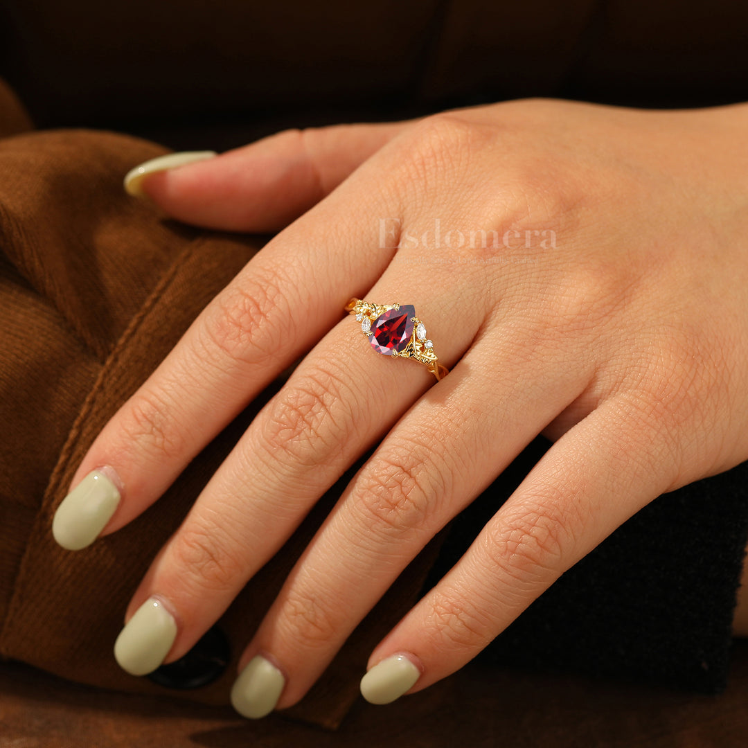 Leaf Sprig Pear Cut Red Garnet Bridal Ring Vintage S925 Engagement Ring Solid Gold Women Ring