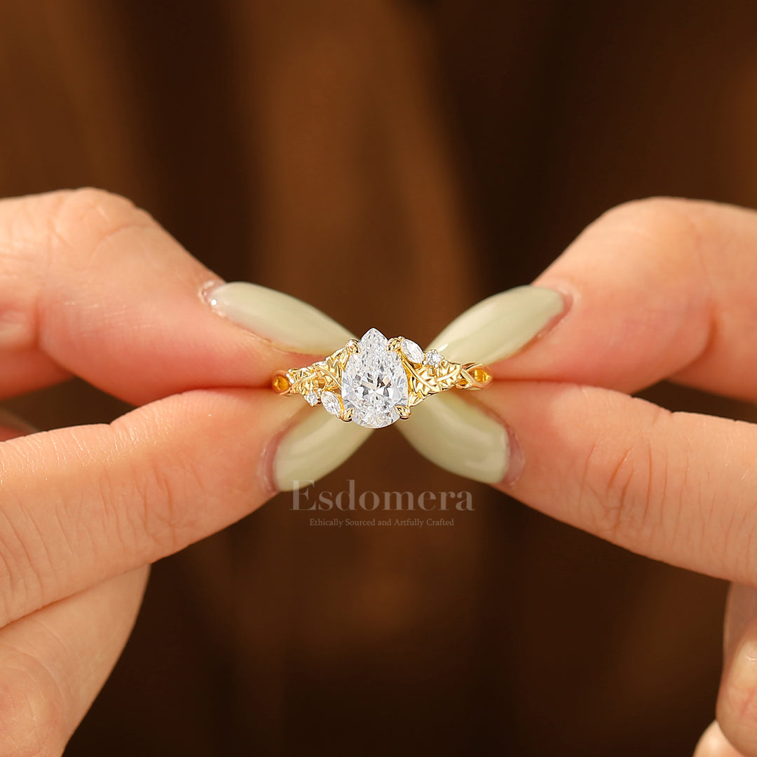 Vintage Inspired Pear Cut Moissanite Engagement Ring Leaf Engraved Prong Setting Women Ring