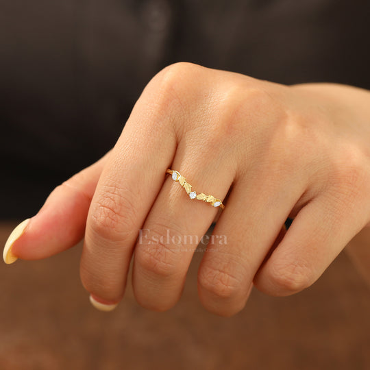 Sandblasted Leaf Moissanite Accent Wedding Band for Women Handcrafted Moissanite Curved Band
