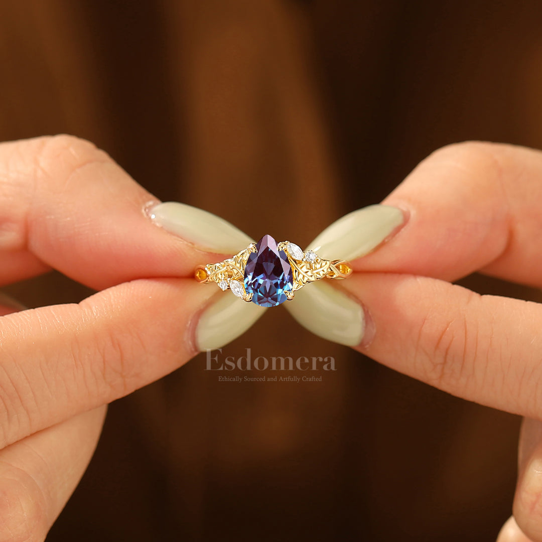 German
Alexandrit-Blatt-Blumen-Verlobungsring Vintage 1.5CT Birnenschliff Braut- und Jubiläumsring