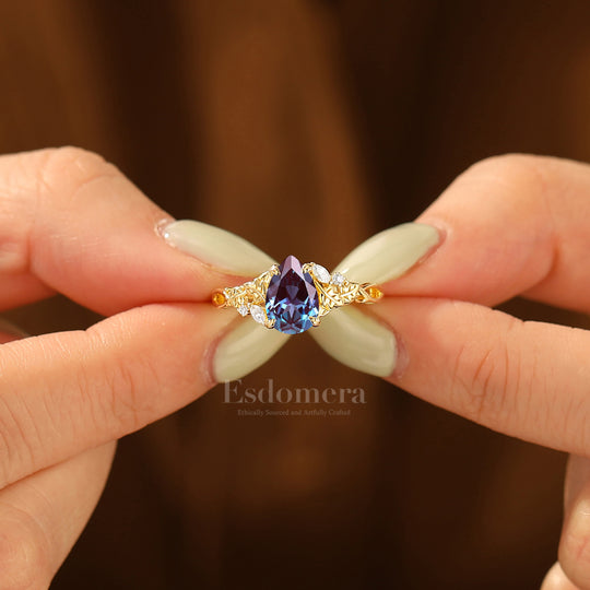 German
Alexandrit-Blatt-Blumen-Verlobungsring Vintage 1.5CT Birnenschliff Braut- und Jubiläumsring