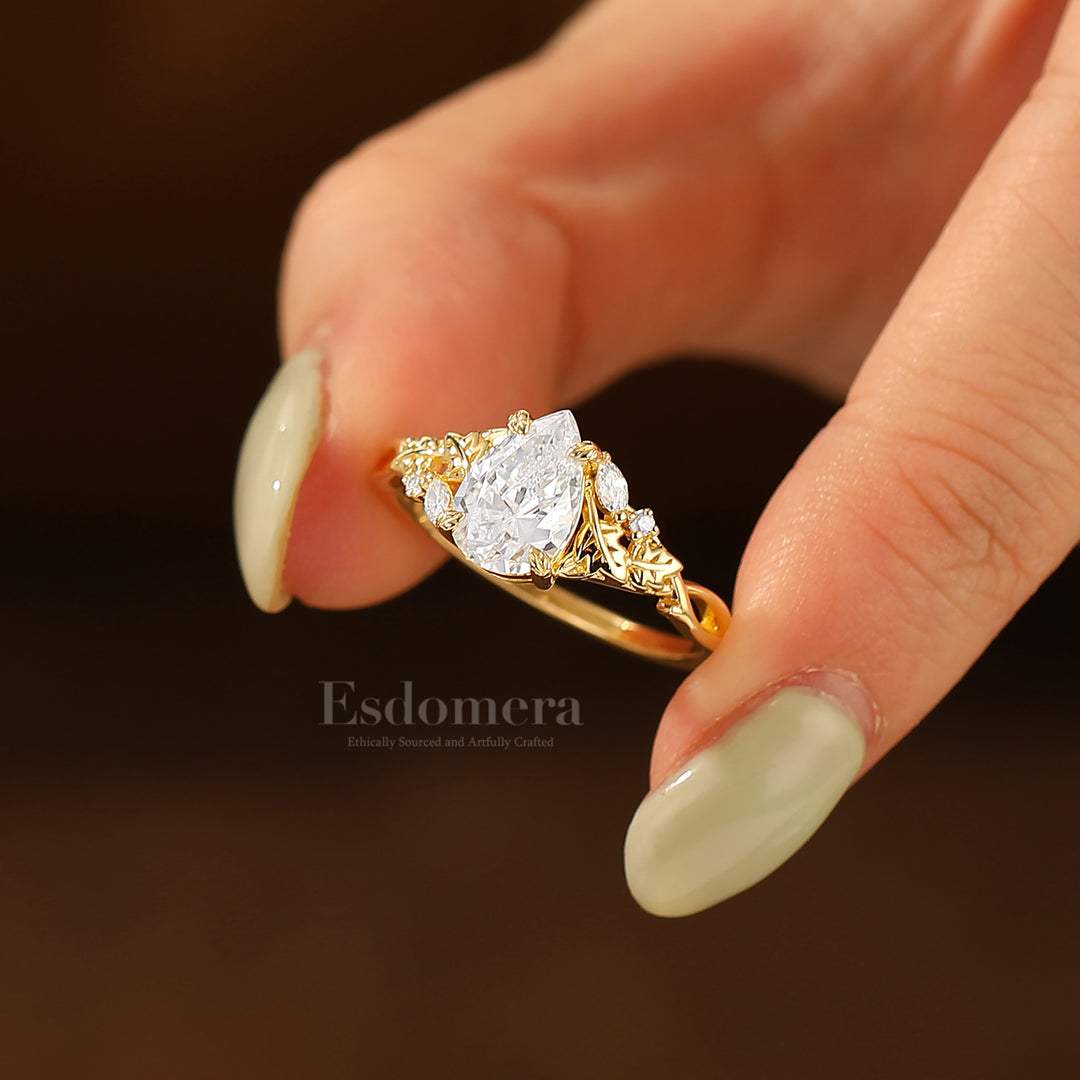 Vintage Inspired Pear Cut Moissanite Engagement Ring Leaf Engraved Prong Setting Women Ring