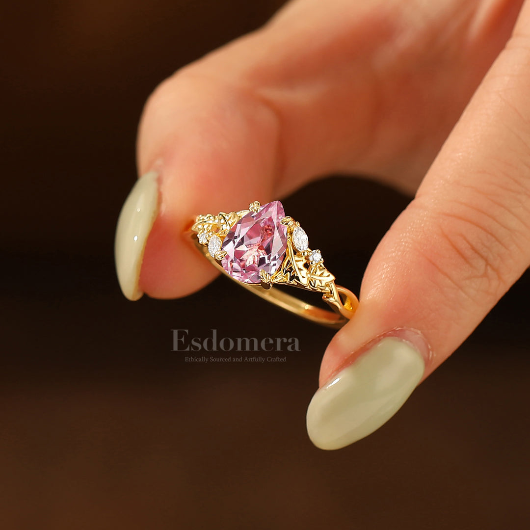 Leaf Twig Style Pear Cut Pink Sapphire Engagement Ring Art Deco Women 14K Gold Ring Gifts