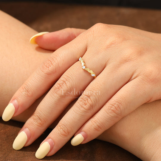 Sandblasted Leaf Moissanite Accent Wedding Band for Women Handcrafted Moissanite Curved Band
