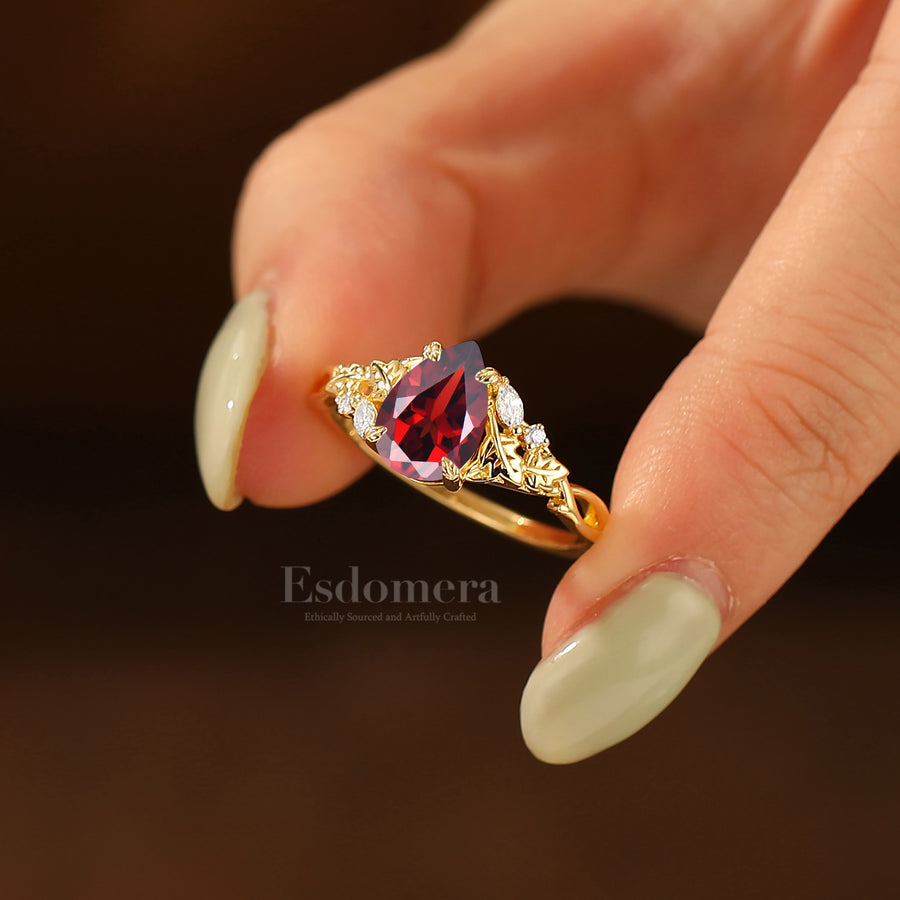 Leaf Sprig Pear Cut Red Garnet Bridal Ring Vintage S925 Engagement Ring Solid Gold Women Ring