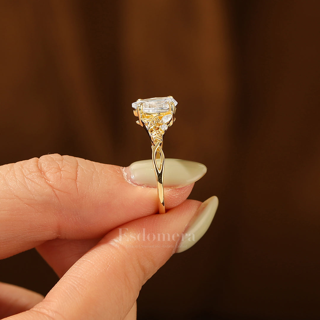 Vintage Inspired Pear Cut Moissanite Engagement Ring Leaf Engraved Prong Setting Women Ring