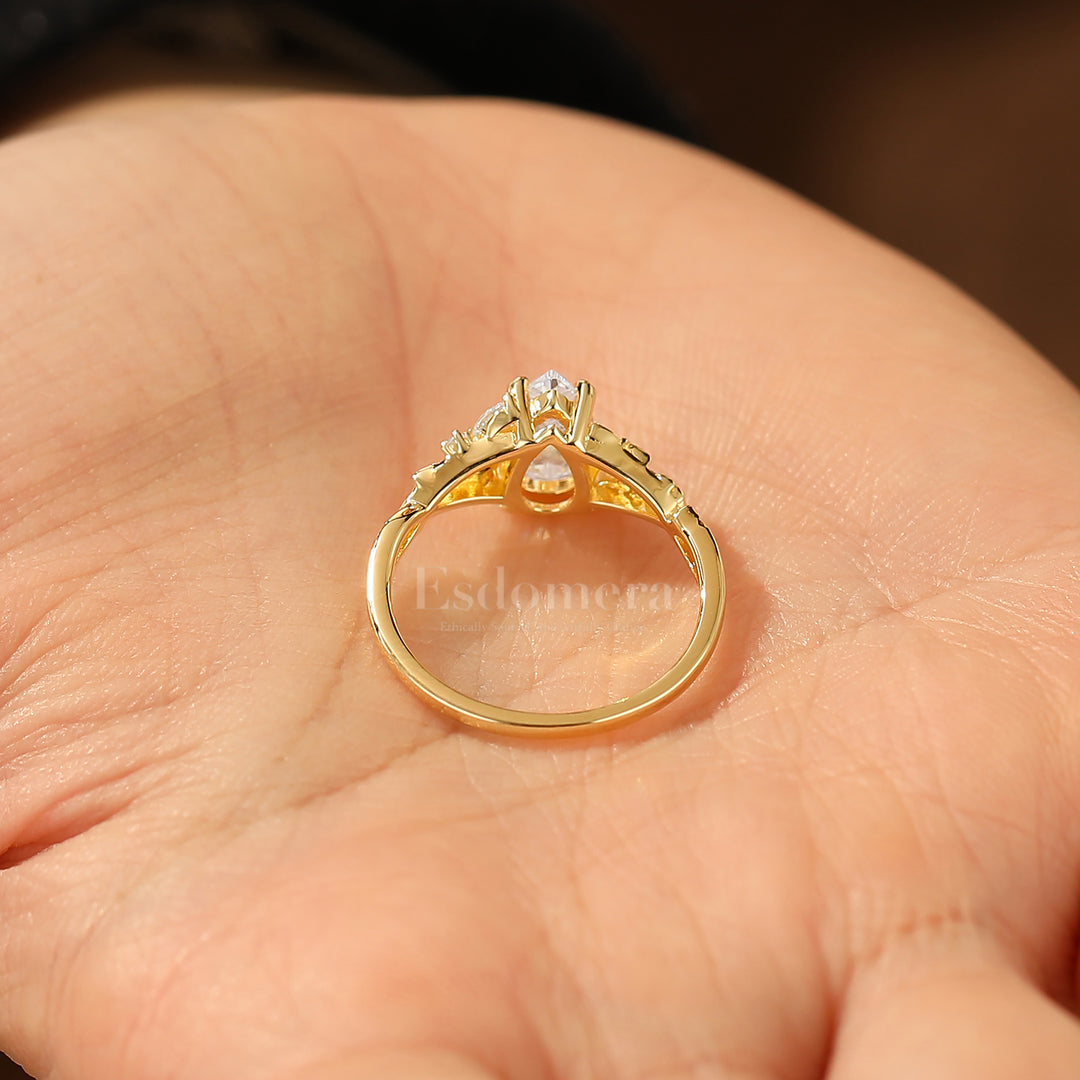 Vintage Inspired Pear Cut Moissanite Engagement Ring Leaf Engraved Prong Setting Women Ring