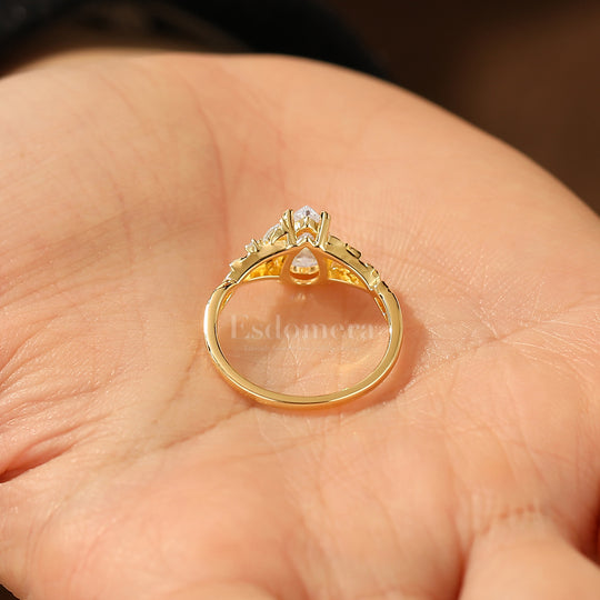 Vintage Inspired Pear Cut Moissanite Engagement Ring Leaf Engraved Prong Setting Women Ring