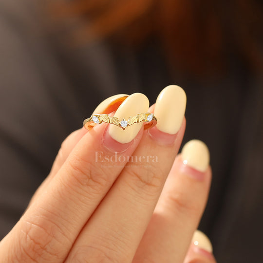 Sandblasted Leaf Moissanite Accent Wedding Band for Women Handcrafted Moissanite Curved Band