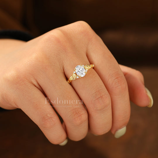 Leaf Motif Oval Moissanite Engagement Ring Natural Inspired Prong Setting Bridal Ring Solid Gold Women Ring