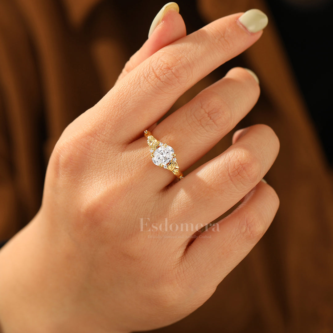 Leaf Motif Oval Moissanite Engagement Ring Natural Inspired Prong Setting Bridal Ring Solid Gold Women Ring