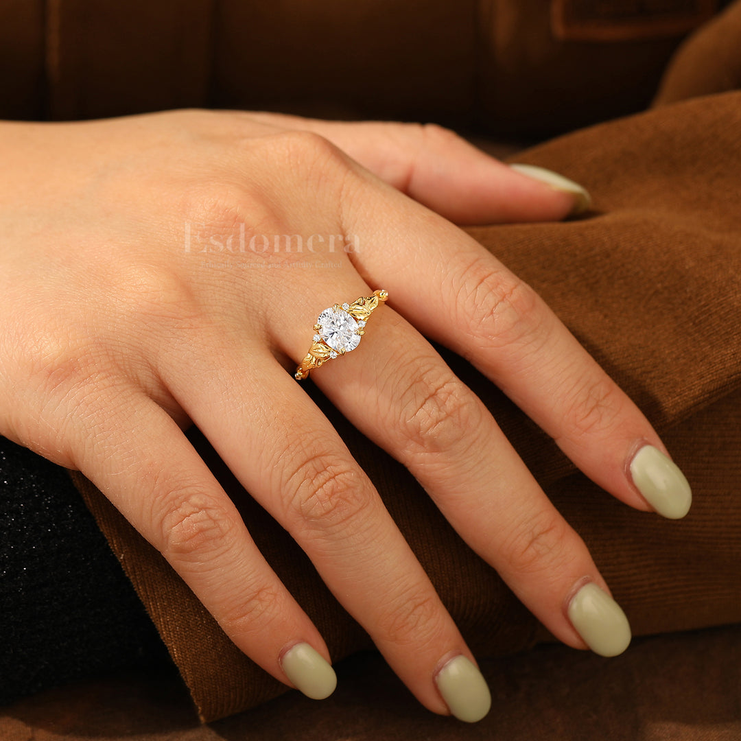Leaf Motif Oval Moissanite Engagement Ring Natural Inspired Prong Setting Bridal Ring Solid Gold Women Ring
