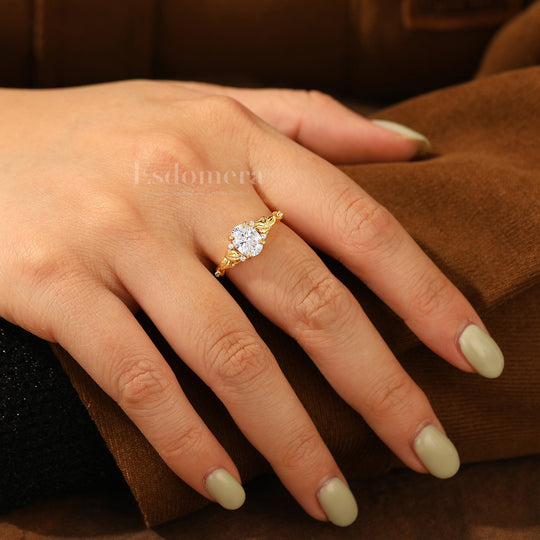 Leaf Motif Oval Moissanite Engagement Ring Natural Inspired Prong Setting Bridal Ring Solid Gold Women Ring