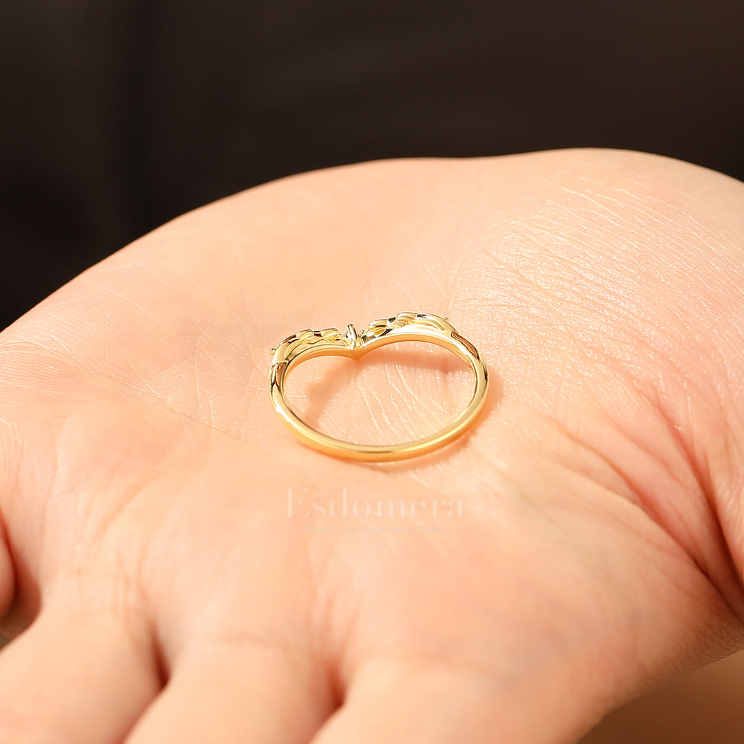 Sandblasted Leaf Moissanite Accent Wedding Band for Women Handcrafted Moissanite Curved Band
