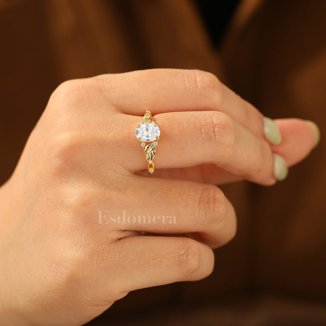 Leaf Motif Oval Moissanite Engagement Ring Natural Inspired Prong Setting Bridal Ring Solid Gold Women Ring