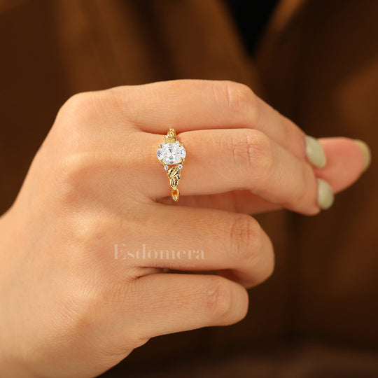 Leaf Motif Oval Moissanite Engagement Ring Natural Inspired Prong Setting Bridal Ring Solid Gold Women Ring