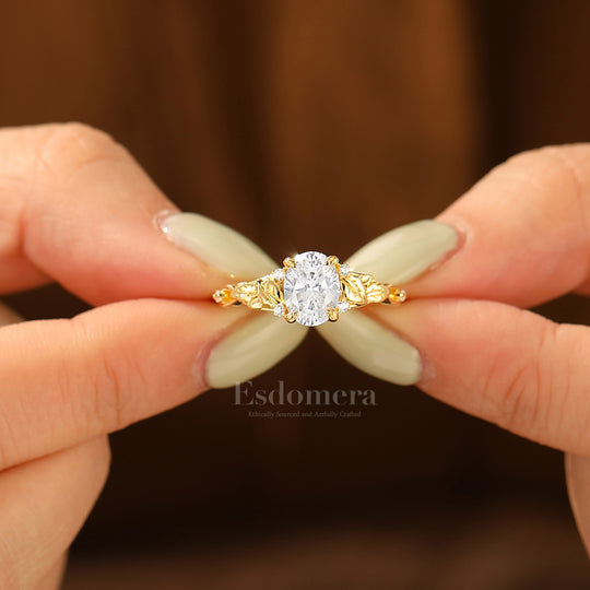 Leaf Motif Oval Moissanite Engagement Ring Natural Inspired Prong Setting Bridal Ring Solid Gold Women Ring