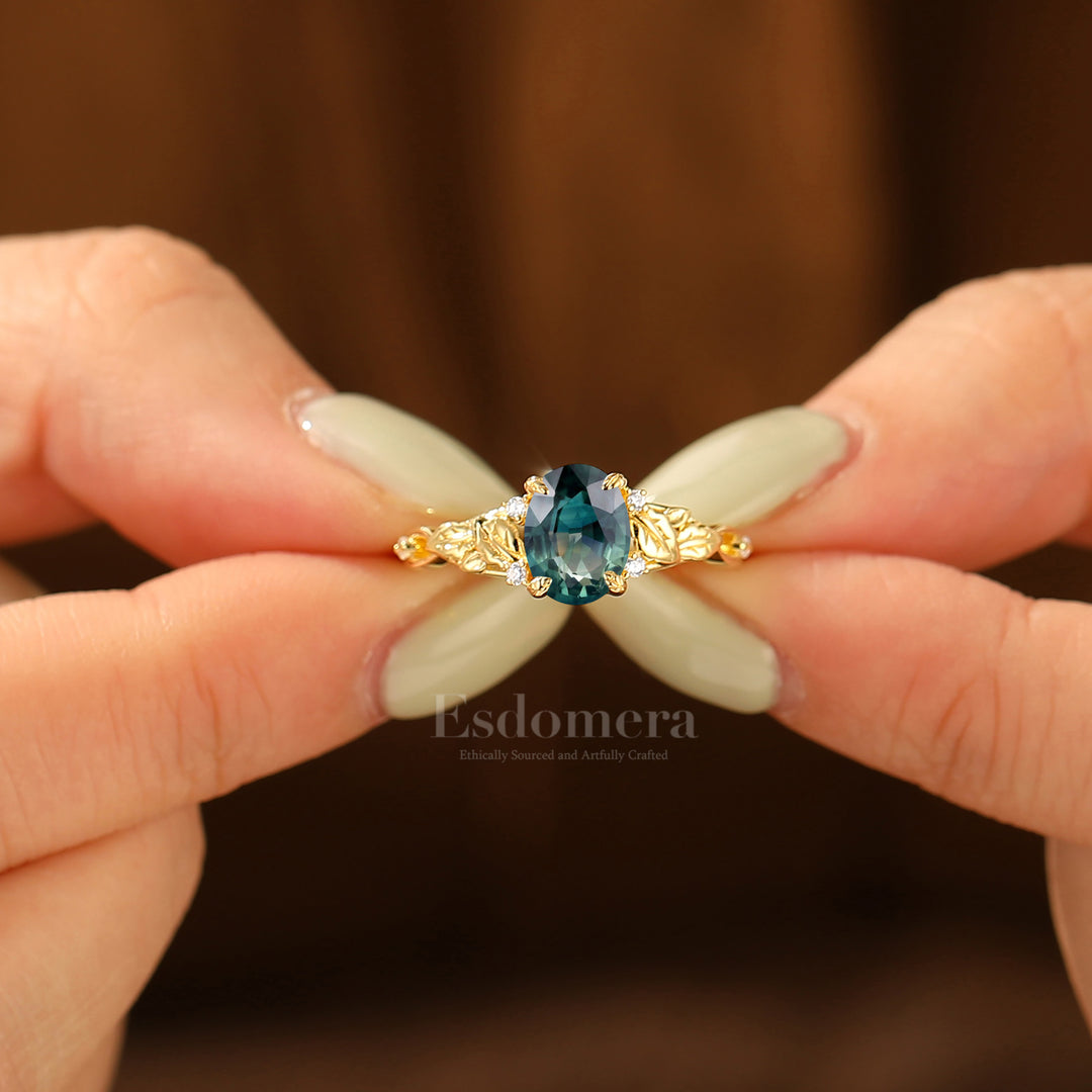 1.5CT Oval Teal Sapphire Leaf Motif Women Ring Art Deco Solid Yellow Gold Ring Sterling Silver Women Ring