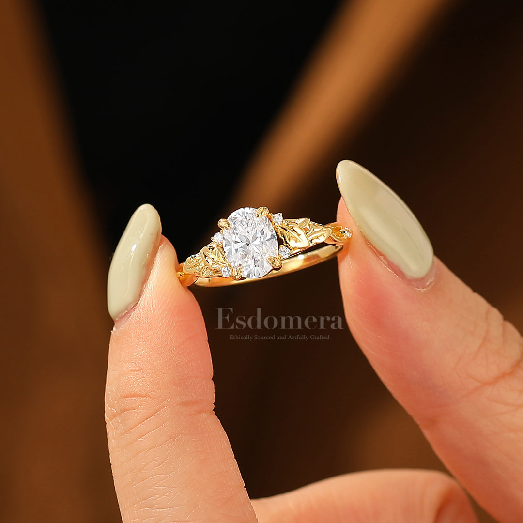 Leaf Motif Oval Moissanite Engagement Ring Natural Inspired Prong Setting Bridal Ring Solid Gold Women Ring