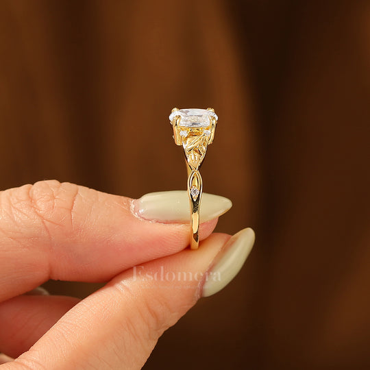 Leaf Motif Oval Moissanite Engagement Ring Natural Inspired Prong Setting Bridal Ring Solid Gold Women Ring