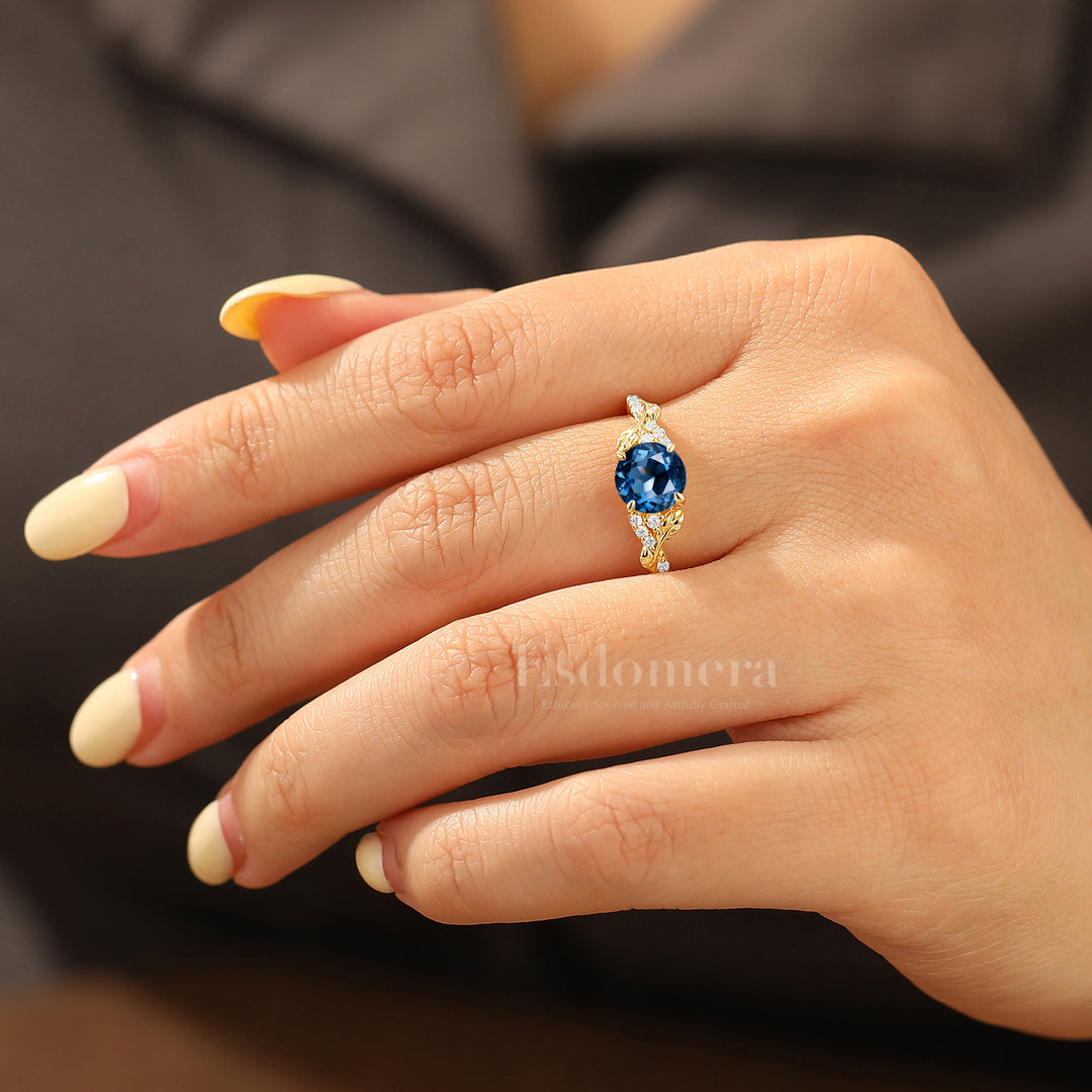 Romantic Vine Motif Round London Blue Topaz Engagement Ring Ring Pavé Side Stones Wedding Ring