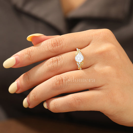 Classic Round Cut Moissanite Engagement Ring Vine Inspired Pavé Bridal Ring