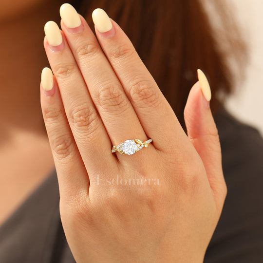 Classic Round Cut Moissanite Engagement Ring Vine Inspired Pavé Bridal Ring