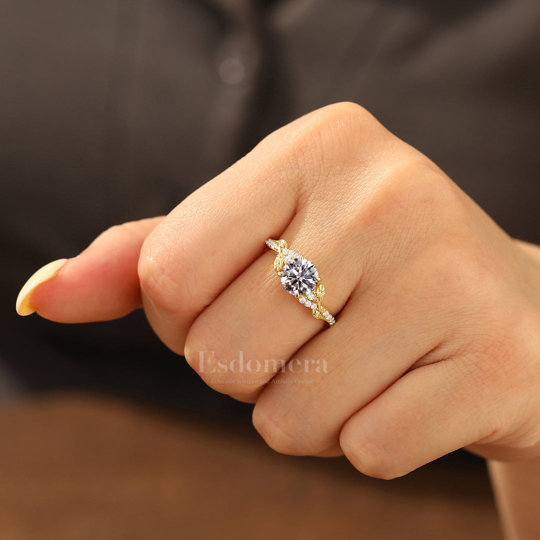 Noble Round Lab Grown Diamond Engagement Ring with Leaf Diamond Accent Band (IGI Certified)