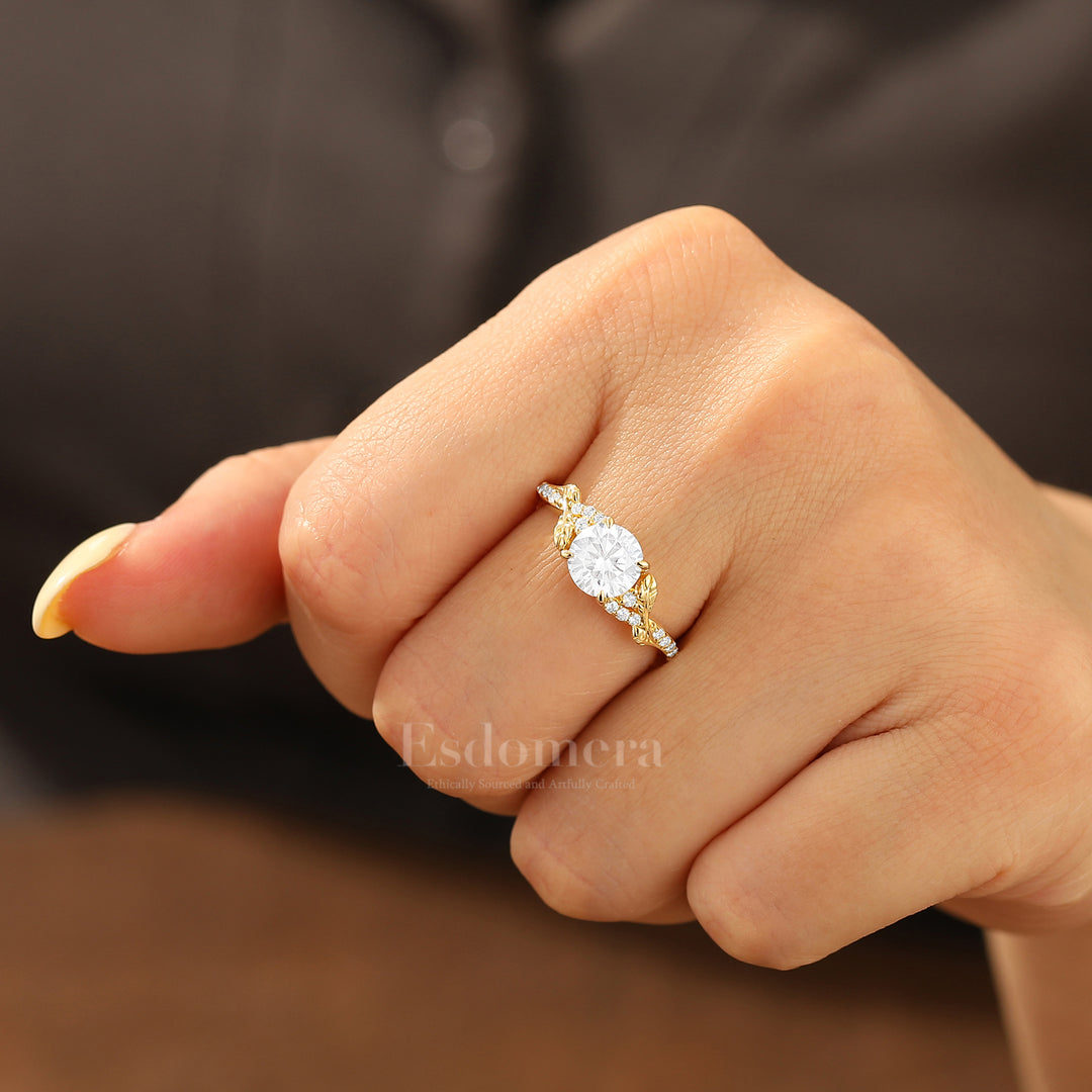Classic Round Cut Moissanite Engagement Ring Vine Inspired Pavé Bridal Ring
