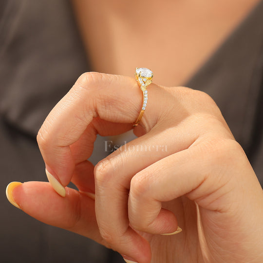 Classic Round Cut Moissanite Engagement Ring Vine Inspired Pavé Bridal Ring