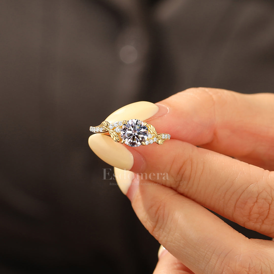 Noble Round Lab Grown Diamond Engagement Ring with Leaf Diamond Accent Band (IGI Certified)