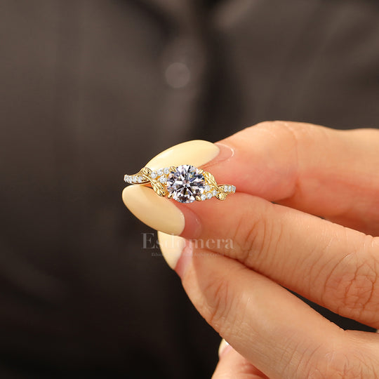 Noble Round Lab Grown Diamond Engagement Ring with Leaf Diamond Accent Band (IGI Certified)