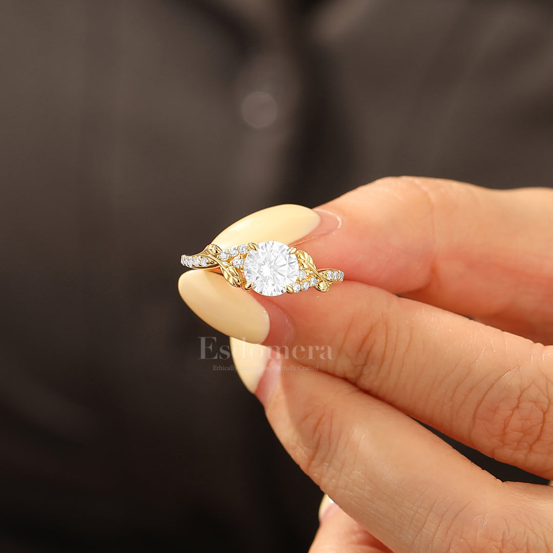 Classic Round Cut Moissanite Engagement Ring Vine Inspired Pavé Bridal Ring