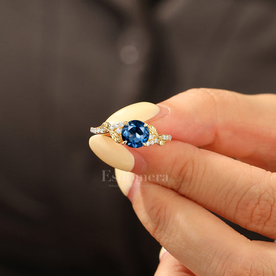 Romantic Vine Motif Round London Blue Topaz Engagement Ring Ring Pavé Side Stones Wedding Ring