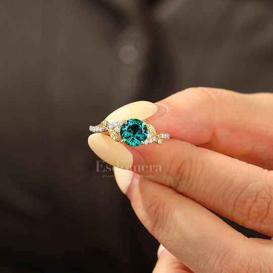 Twisted Vine Round Cut Emerald Bridal Ring Sparkling Pavé Accents Engagement Ring