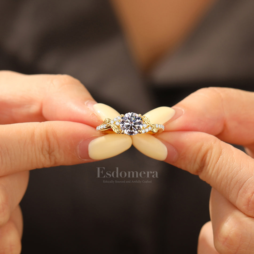 Noble Round Lab Grown Diamond Engagement Ring with Leaf Diamond Accent Band (IGI Certified)