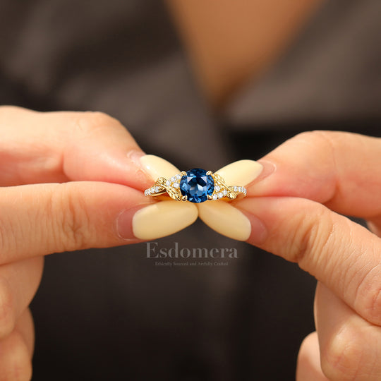 Romantic Vine Motif Round London Blue Topaz Engagement Ring Ring Pavé Side Stones Wedding Ring