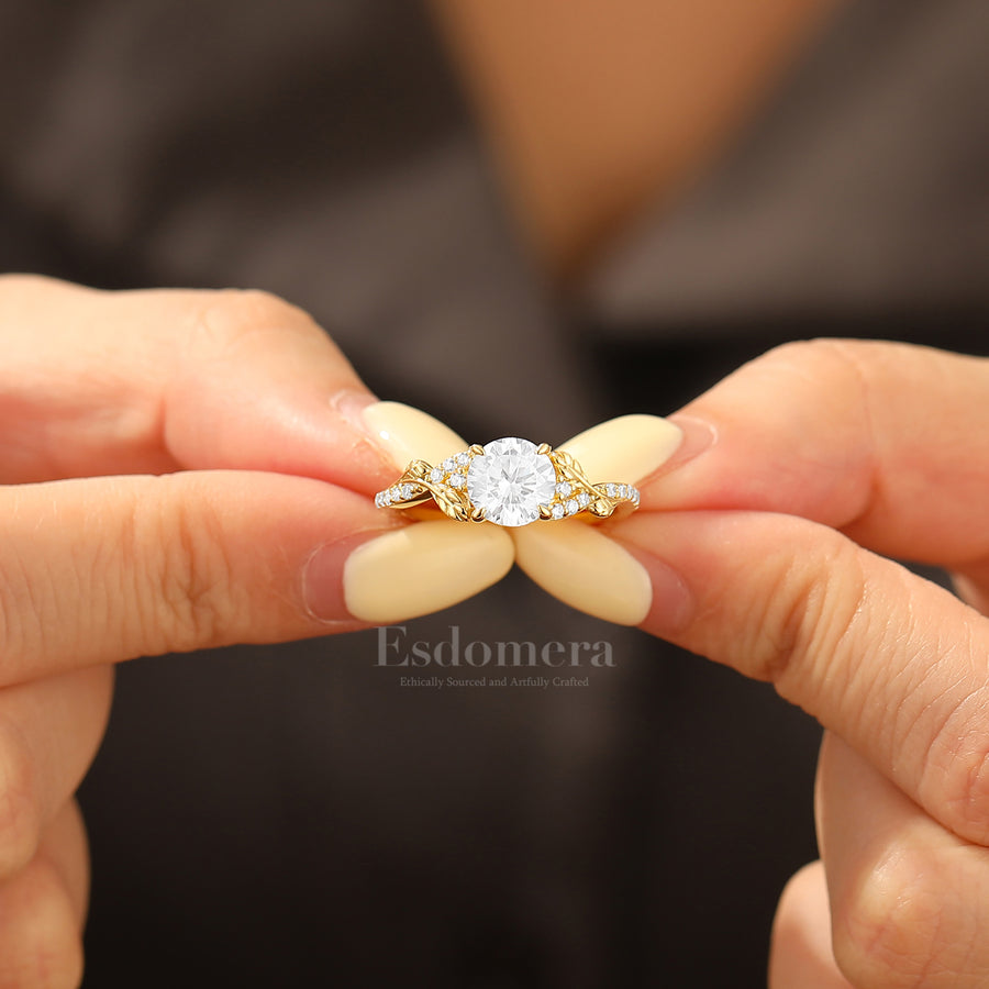 Classic Round Cut Moissanite Engagement Ring Vine Inspired Pavé Bridal Ring